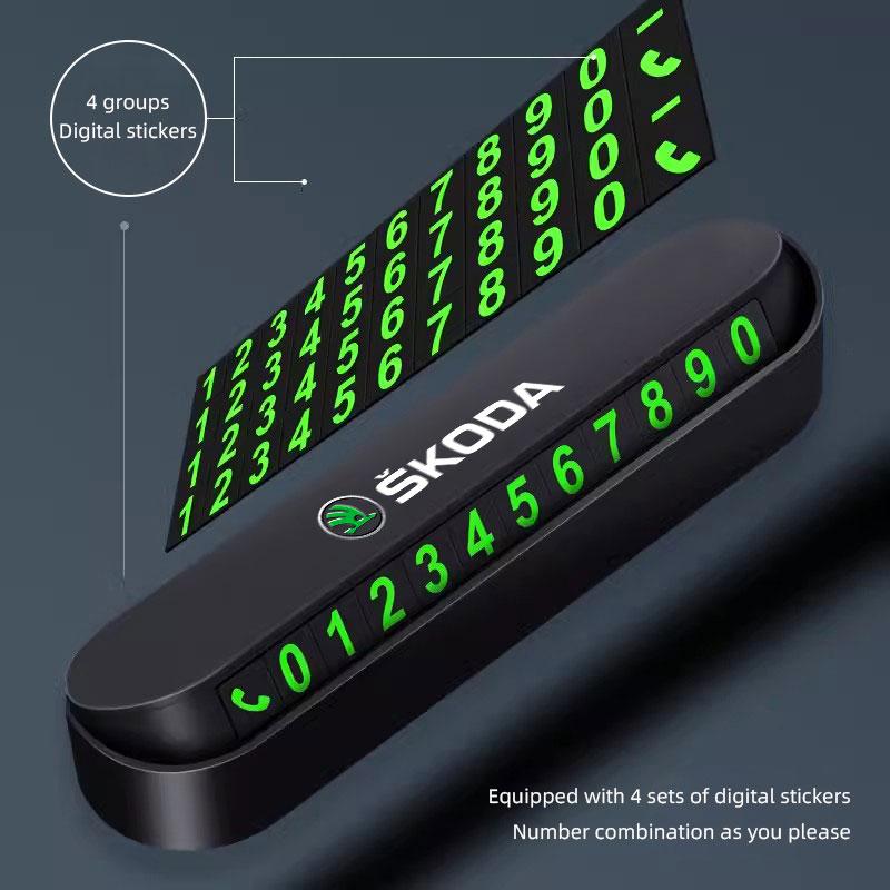 WOHE7 Car Temporary Parking Card Auto Emblem Phone Number Card Plate For Skoda Octavia Superb Rapid Kodiaq Fabia Kamiq Enyaq iV Scala