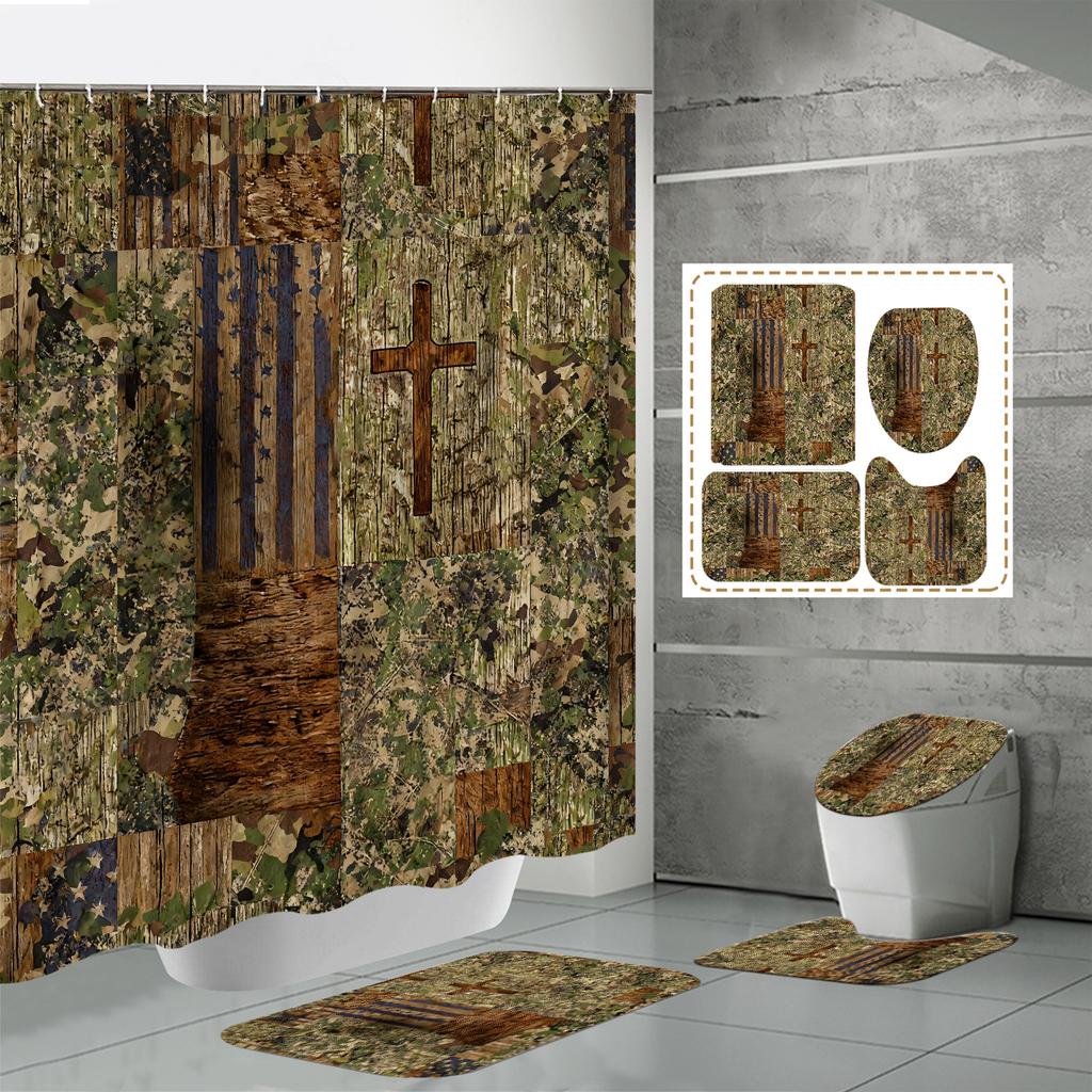 4PCS Shower Curtain Sets With Shower Curtain And Rugs Toilet Lid Rug U Shape Mat And Bath Mat Bathroom Set With 12 Hooks