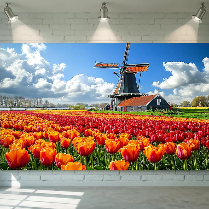 Windmill Tulip Field Netherlands Landscape Wall Tapestry Colorful Floral Art for Home Office Decor 2D Planar Background Fabric