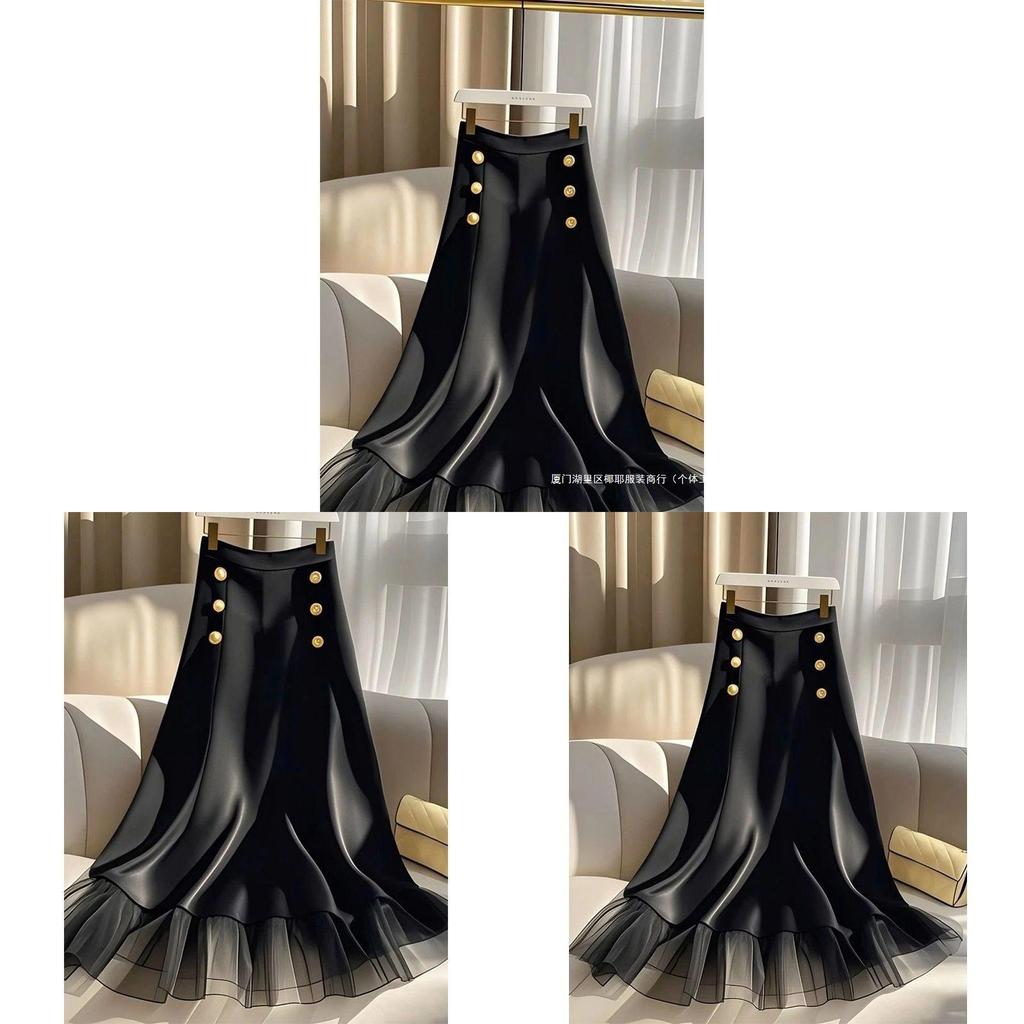 Private Fashion Black Mesh Spliced Midi Skirt With High Waist For Women