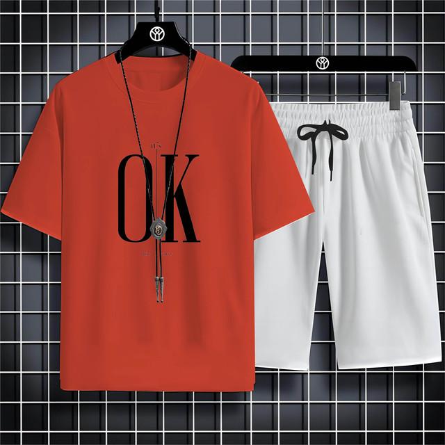 Four Seasons New Outdoor Sports Style 2d Letter Ok Printed Men'S O-Collar Comfortable Breathable Casual T-Shirt Set Quick Drying