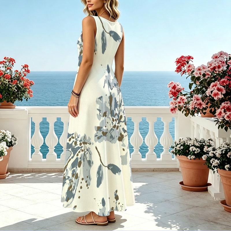 Floral U-Neck Sleeveless Maxi Dress,Comfortable Fresh Style for Beach Vacation,Daily Wear & Travel Photos