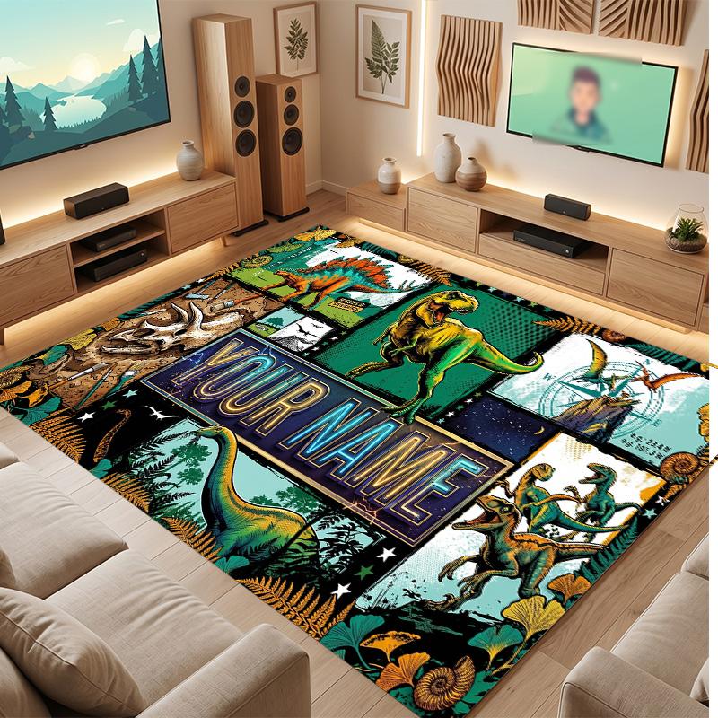 Dinosaur Theme Soft Crystal Velvet Rug Custom Name & Text Print Non Slip Floor Rug for Bedroom Living Room
