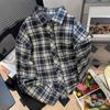 Fall Women's Navy Plaid Shirt Coat Blouse Botton Up Shirt for Women Korean Autumn Clothes 2023 Tops