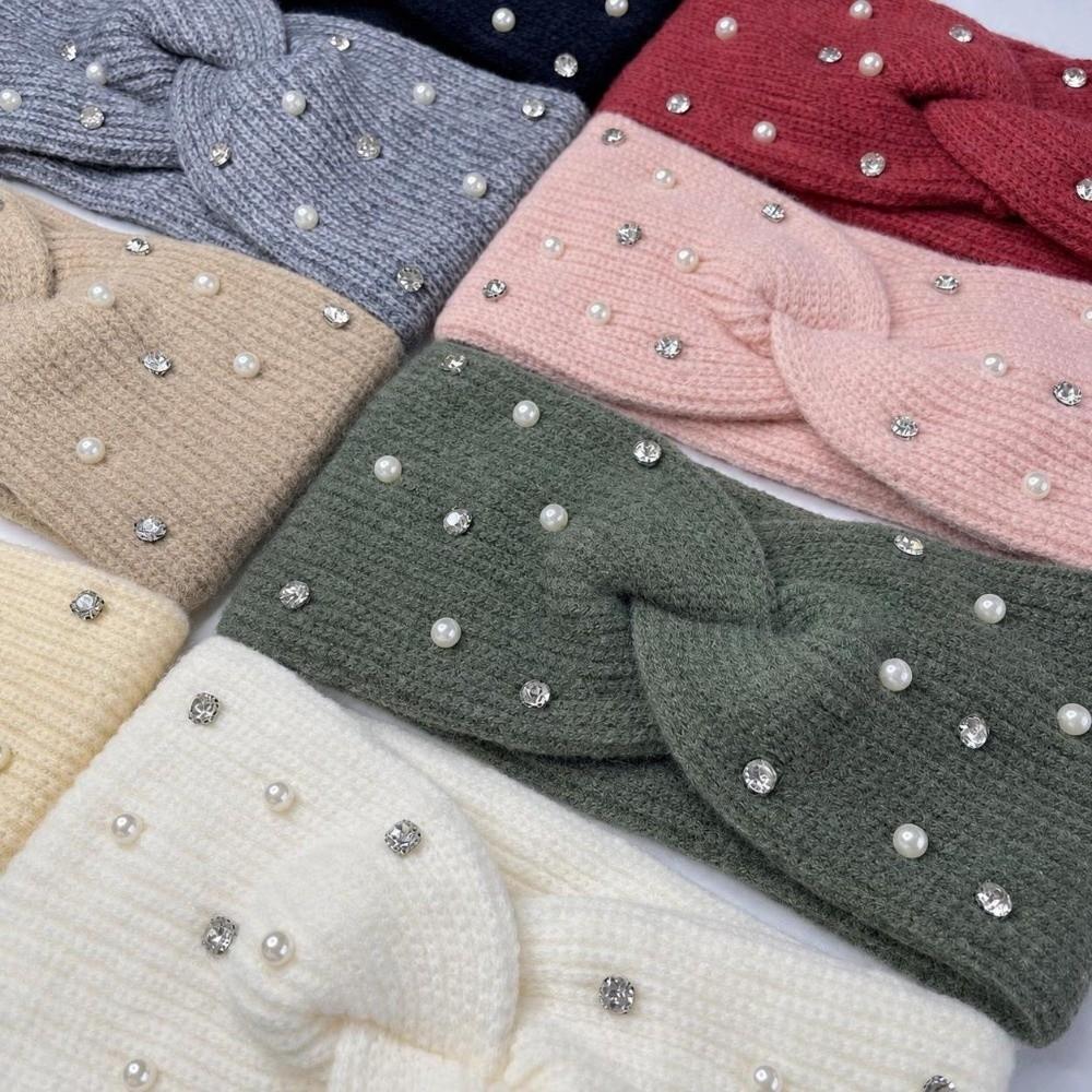 Rhinestone Pearl Decor Knitted Twist Headband Wide Brim Elastic Ear Warmer Winter