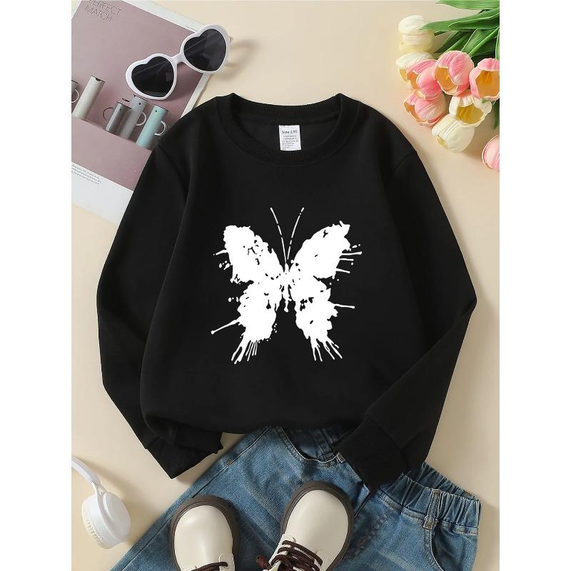 Girls' Round-Neck Hoodie | White Butterfly Splash Pattern Print, Machine Washable, Spring and Autumn