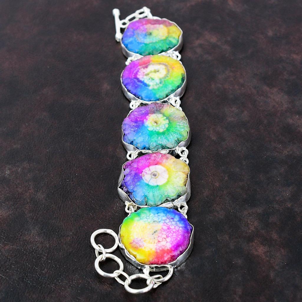 Радужный солнечный кварцевый браслет-друзи, ювелирные изделия ручной работы из драгоценных камней, браслет из стерлингового серебра 925 пробы, регулируемый браслет-цепочка, подарок на помолвку для нее