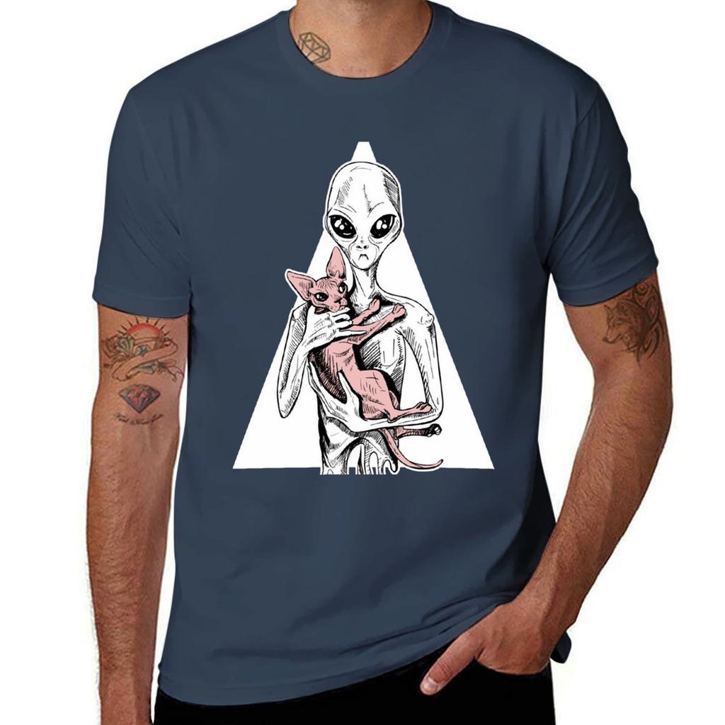 Alien With Sphynx Cat Tshirt Trendy Print Short Sleeve Tshirt