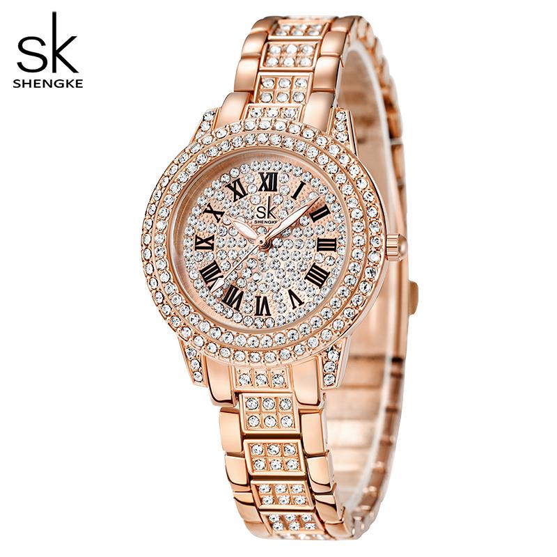 SHENGKE Роскошные роскошные женские кварцевые часы Relogio Feminino, украшенные кристаллами розового золота, романтические цветные часы