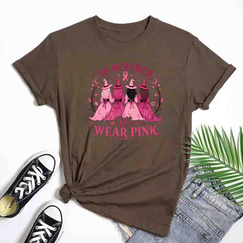 In October We Wear Pink TShirt Retro Y2k Breast Cancer Awareness Tee Funny Halloween Pink Ribbon Witch Top