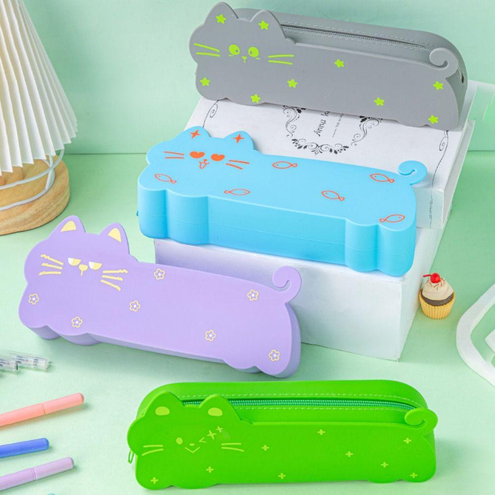 Silicone Pen Pouch Cat Shape Stationery Box Multifunctional Storage Bag Student