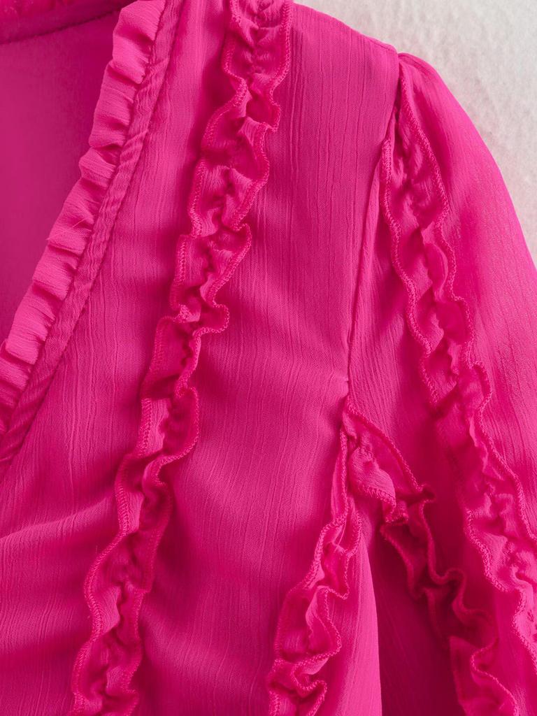 2025 Spring Women's European-American V-Neck Chiffon Ruffle Long Sleeve Dress