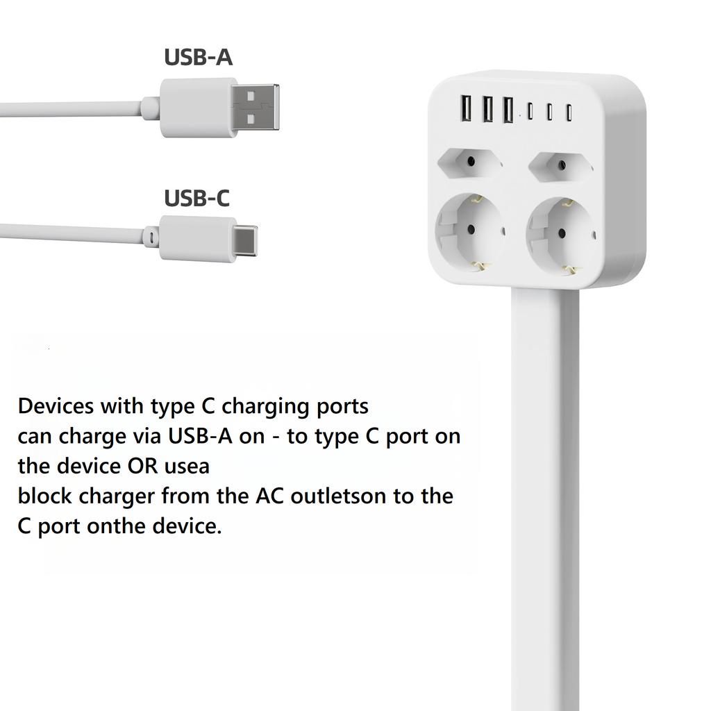 Удлинитель розетки Добирается до труднодоступных розеток Особенности: 3 USB A, 3 USB C и 2+2 розетки переменного тока Удлиняется примерно на 47,5–67,5 см 360°