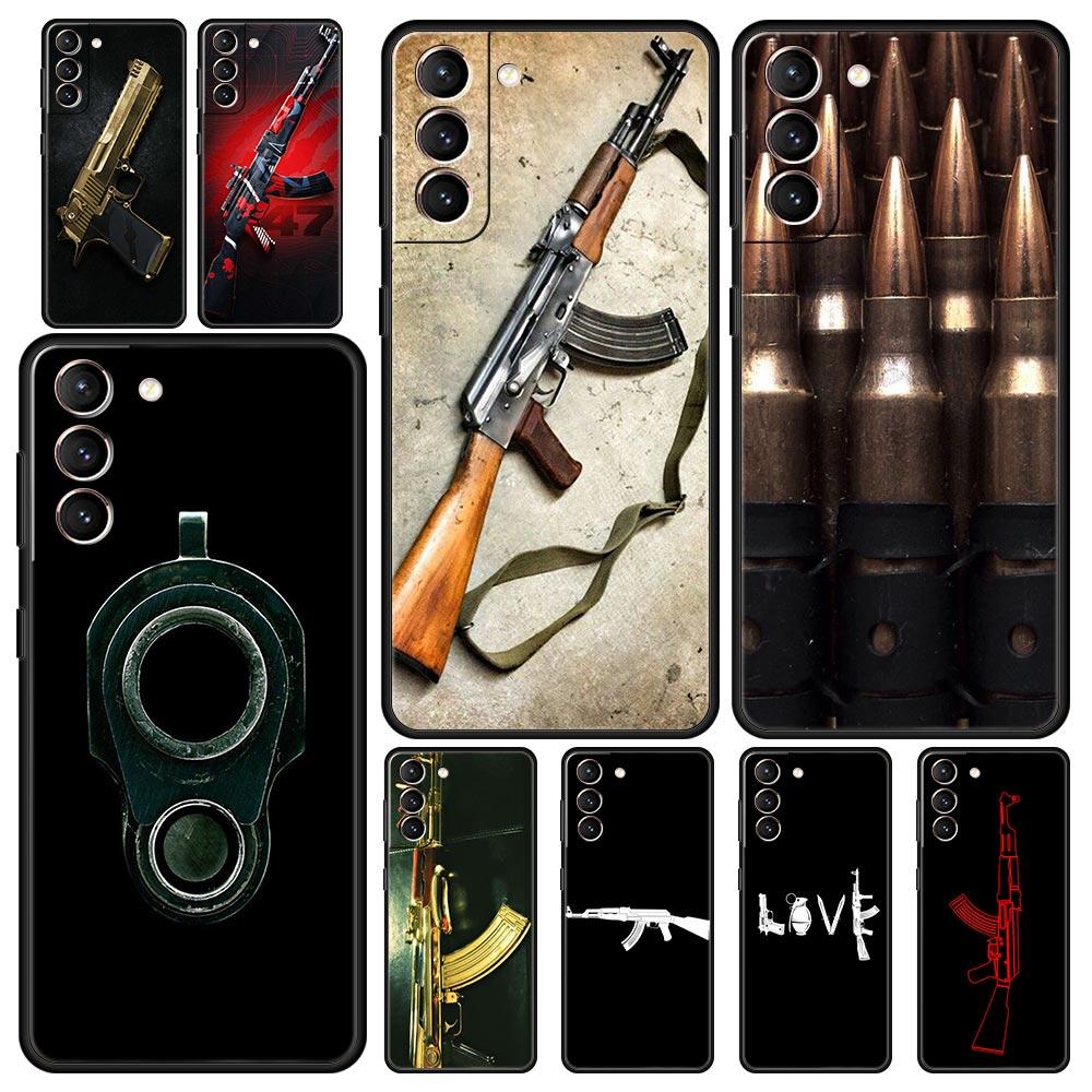 AK47 Handgun Gun BUllets Phone Case For Samsung Galaxy S23 Ultra S22 S21 S20 FE 5G S10 S10E S9 S8 Plus Note 20 Soft Black Cover
