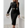 Women's Black Ribbed Knit Dress, Turtleneck Lantern Sleeve Bodycon Midi Dress with Slim Fit Design, Sexy Elegant Evening Dress for Date Night