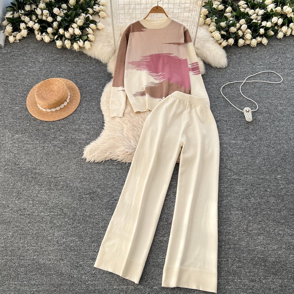 Spring Autumn Oil Painting Print Knitted Sweater Trouser Two Piece Set Women Pullover Tops and Wide Leg Pants Tracksuit