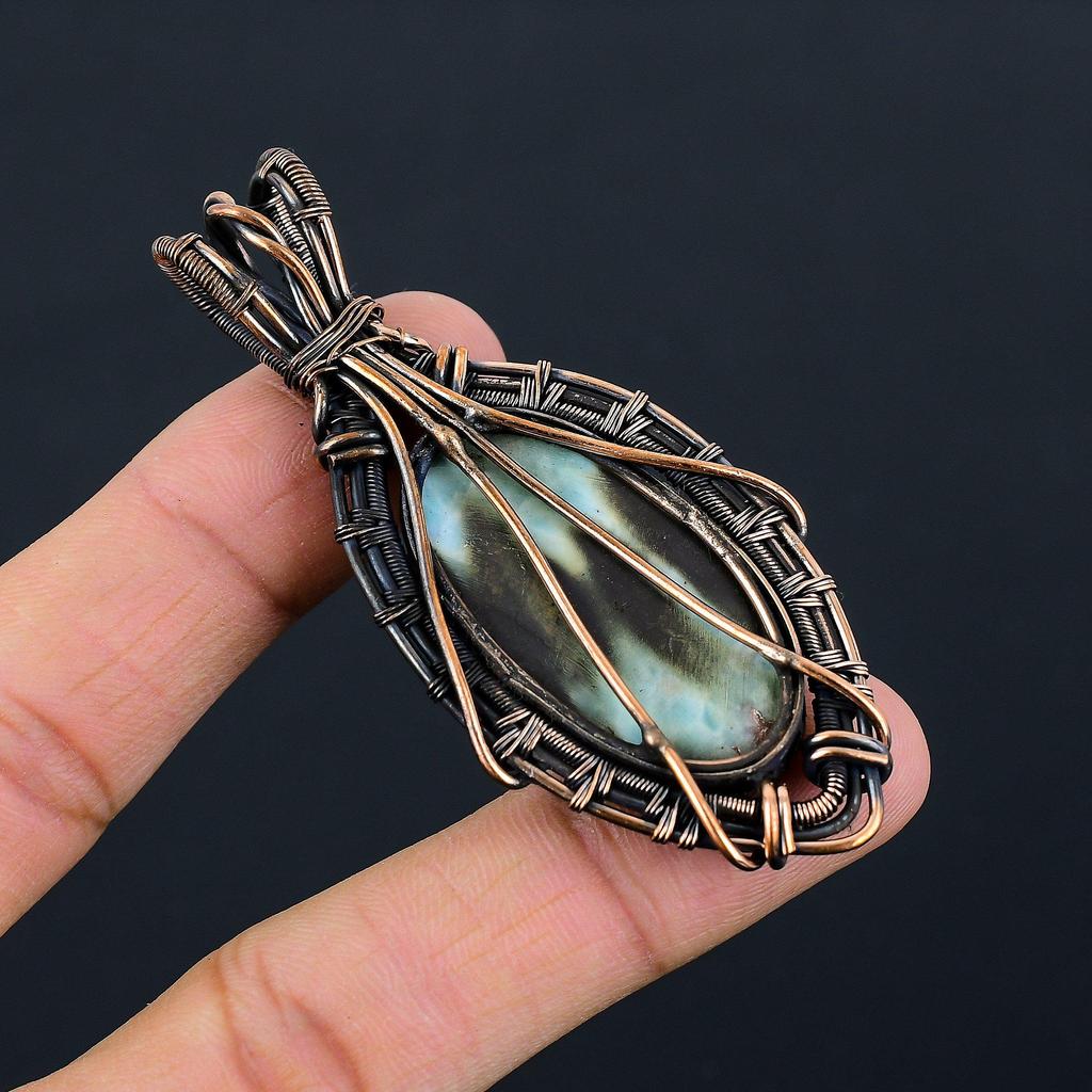 Причудливый кулон драгоценного камня Ларимар чистая медная проволока обернутая ювелирные изделия ручной работы для подарка