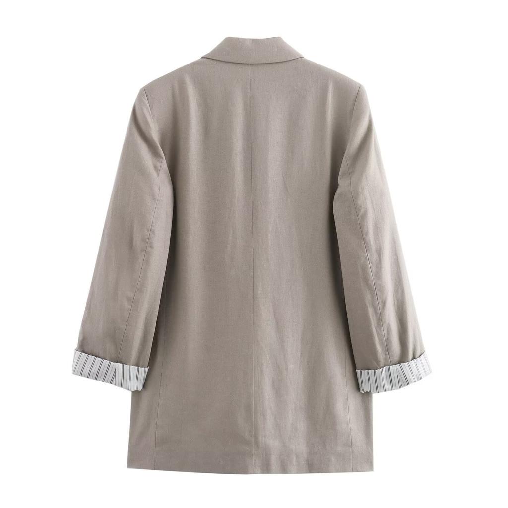 Женская мода однотонный льняной блейзер с зазубренным воротником и длинными закатанными рукавами, шикарные женские офисные деловые наряды