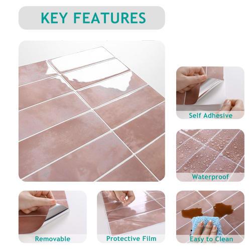 VEELIKE Waterproof Heat-Resistant Tile Sheets, 6 Sheets, 30x30cm Square, Marble Brick Pink Glossy Tile Stickers, 3D Wallpaper Stickers, Mosaic Wall St