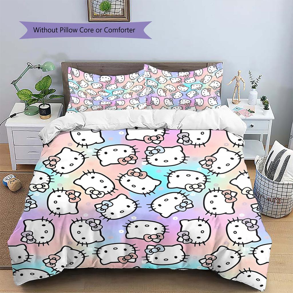 Постельное белье с рисунком Hello Kitty Комплект одеял Декор для дома Подарок (1 пододеяльник + 2 наволочки без наполнителя)