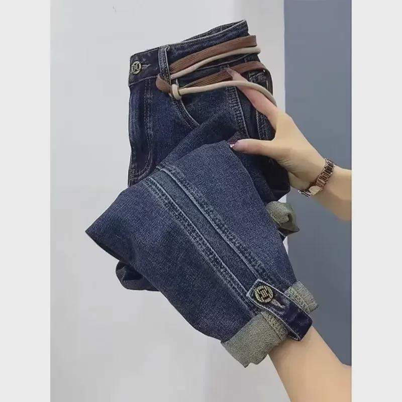 Джинсы-шаровары с высокой талией для женщин с грушевидной фигурой — весна/осень, облегающий крой, большие размеры