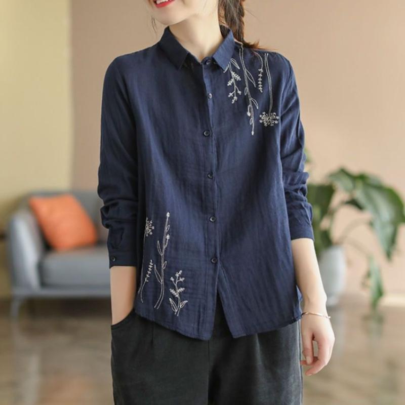 Весенний топ из чистого хлопка, минималистичная художественная женская рубашка с длинными рукавами, свободная и универсальная рубашка с цветочной вышивкой