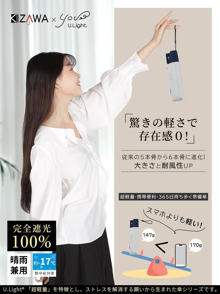 KIZAWA Folding Carbon 6 UV Light Suitable for Sun and Level 5 Water Full Light Heat Heat Gray X Off Parasol, Ultra-Lightweight Fiber, Ribs, 123g-156g,