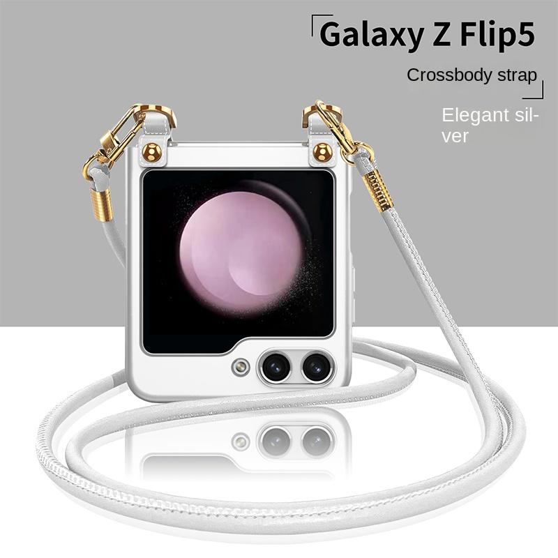 Чехол Galaxy Z Flip 5 Роскошный чехол для телефона с ремешком через плечо для Samsung Galaxy Z Flip 5 5G Гальванический жесткий противоударный защитный чехол