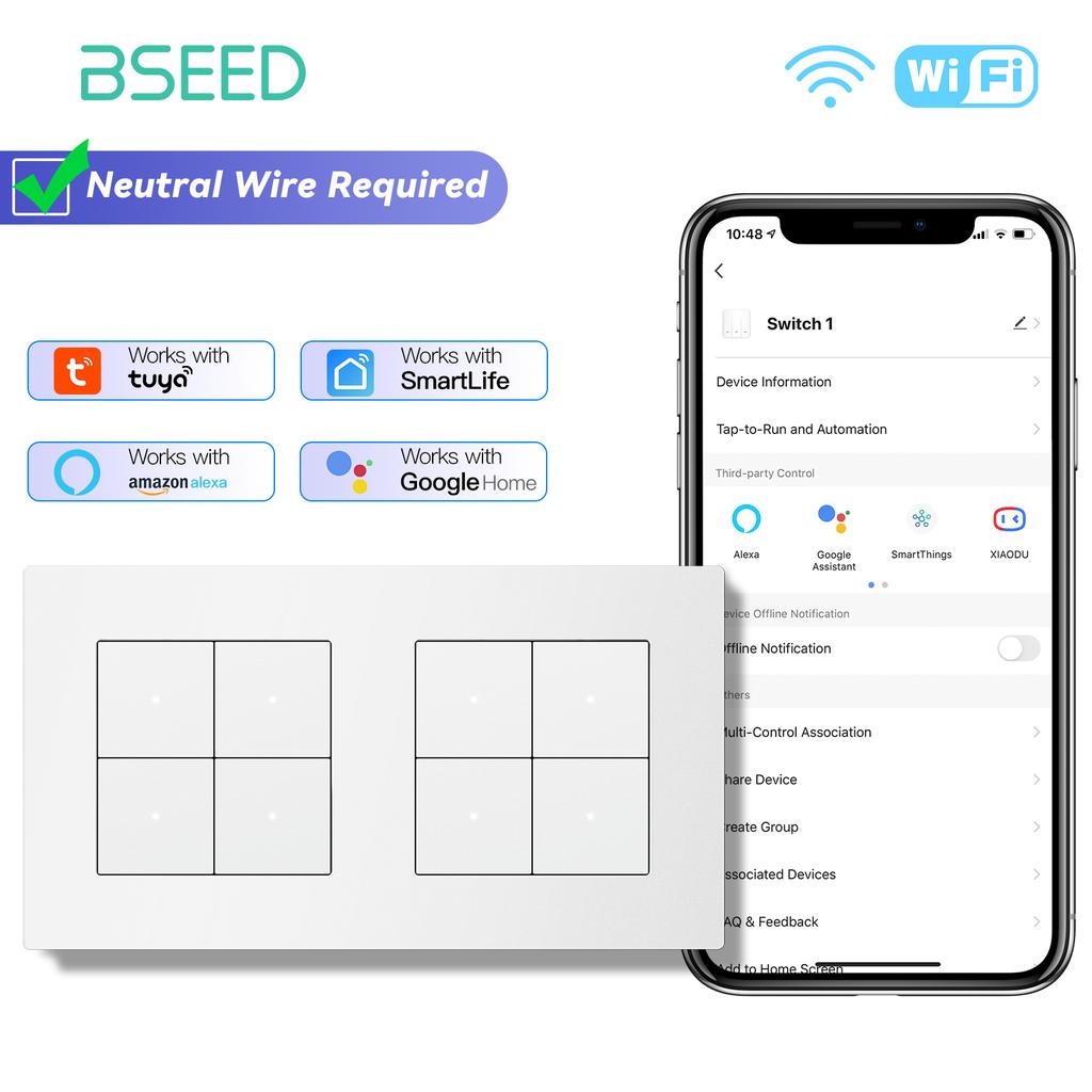 BSEED WIFI Click Switches Wall Smart Click Light Plastic Switches Yellow Backlight Plastic Frame EU Standard Tuya APP Switch