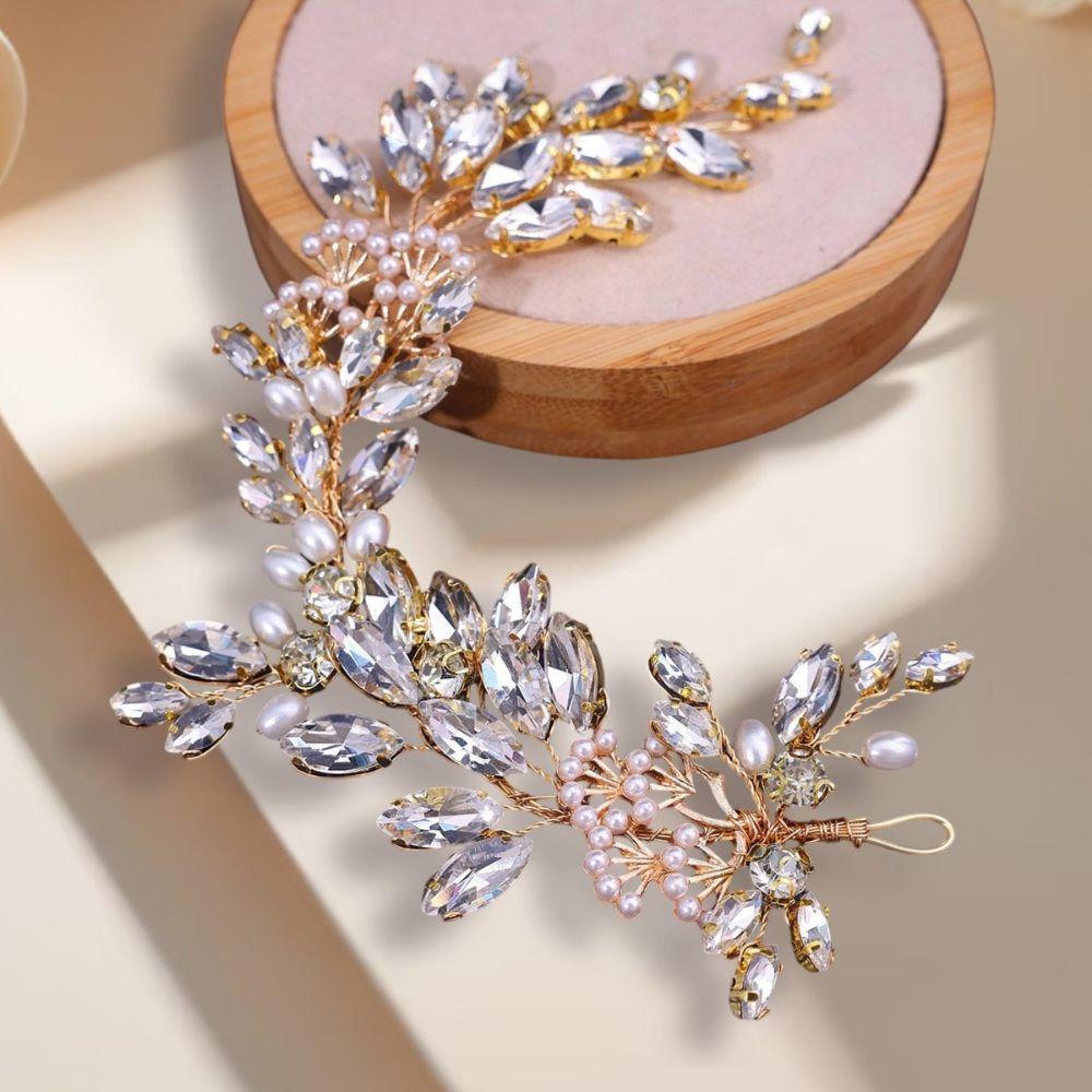 Pearl Embellished Rhinestone Tiara Flower Handmade Hairband Elegant Hair Jewelry Bride Accessories