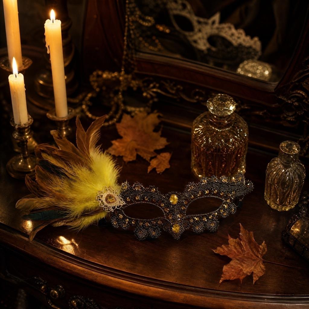 Lace with Feather Trim and Gold Foil Design for Halloween Masquerade Ball Party Prop