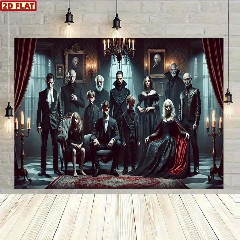 2D flat banner, 1 Gothic vampire family background banner - Spooky Halloween decoration, with red curtains