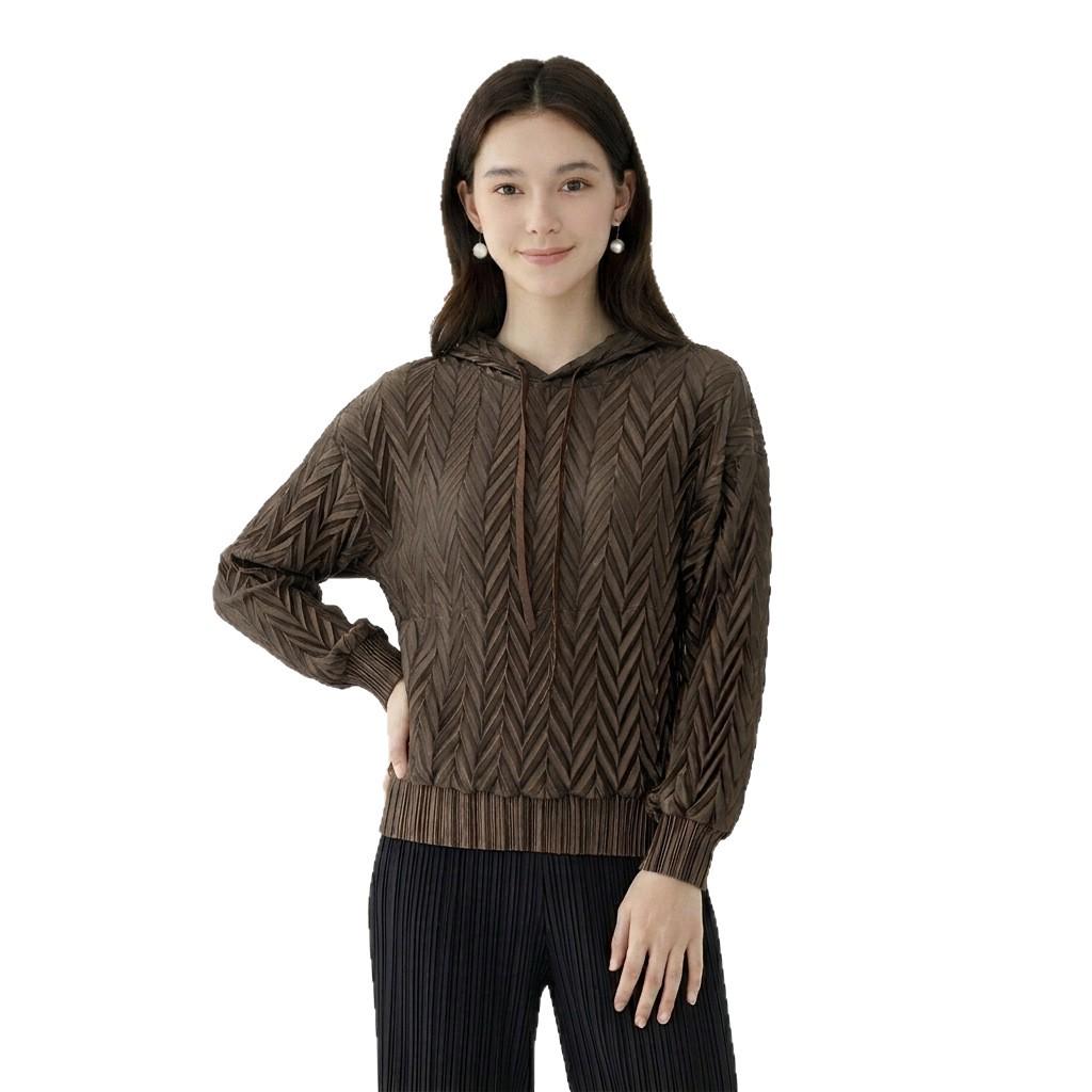 Miyake Style Hooded Pleated Sweatshirt: 2026 Spring Slimming Long Sleeve Pullover for Women