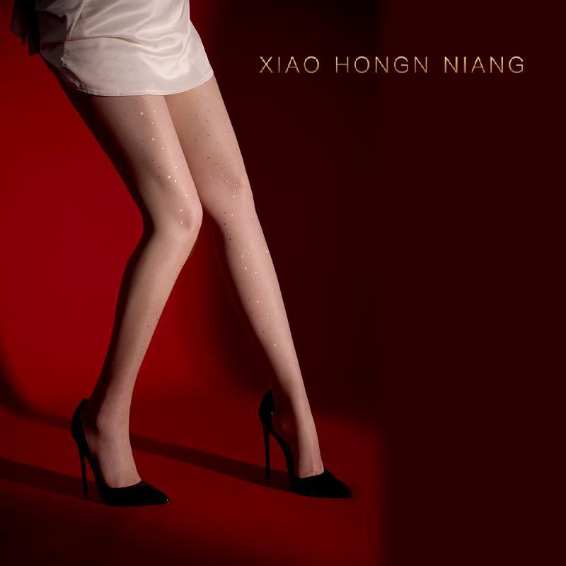 Ultra-thin Silky Sequin Glitter Open-Crotch T-Back Stockings - White or Black Silk