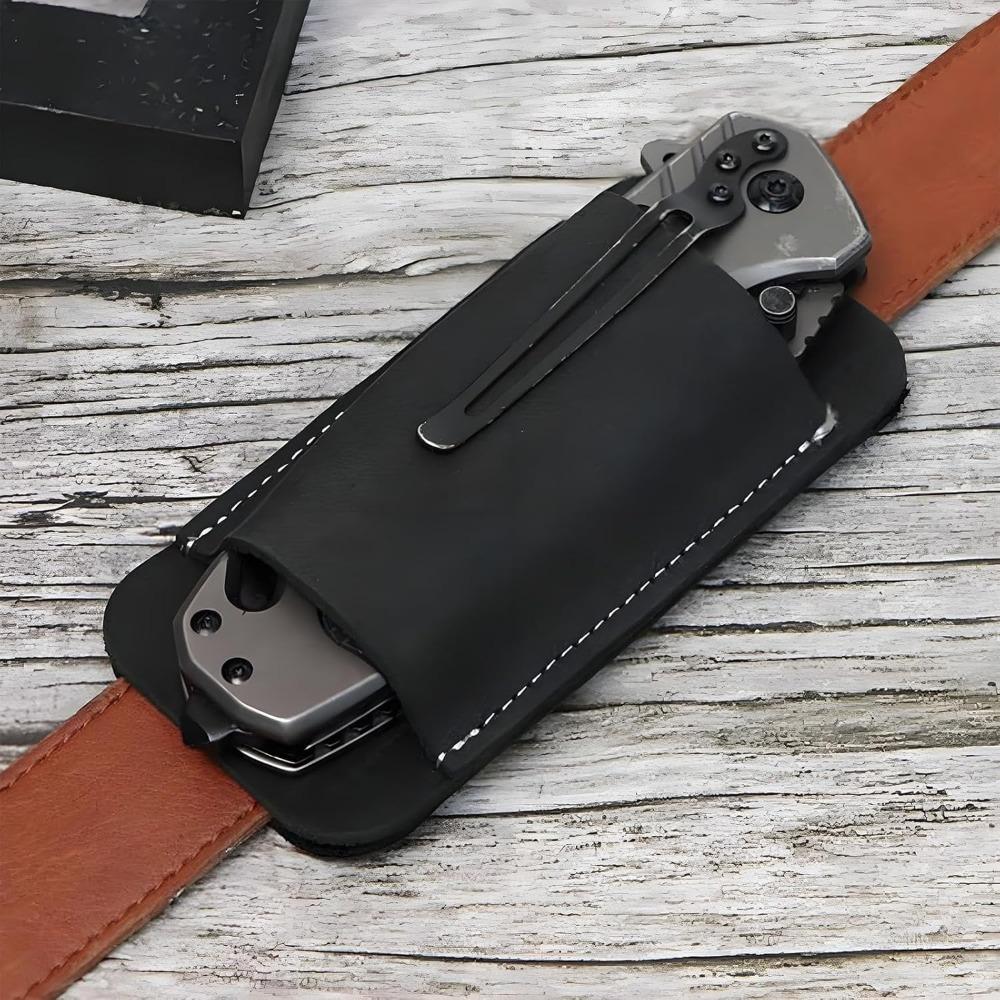 Changmai European Vintage Leather Knife Sheath with Horizontal Belt Clip - Men's Handcrafted Pocket Storage, Leather Folding Knife Sheath