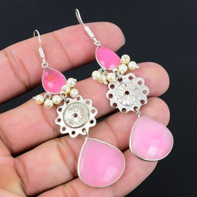 Серьги-подвески из серебра 925 пробы с натуральным розовым халцедоном, уникальные украшения для сестры