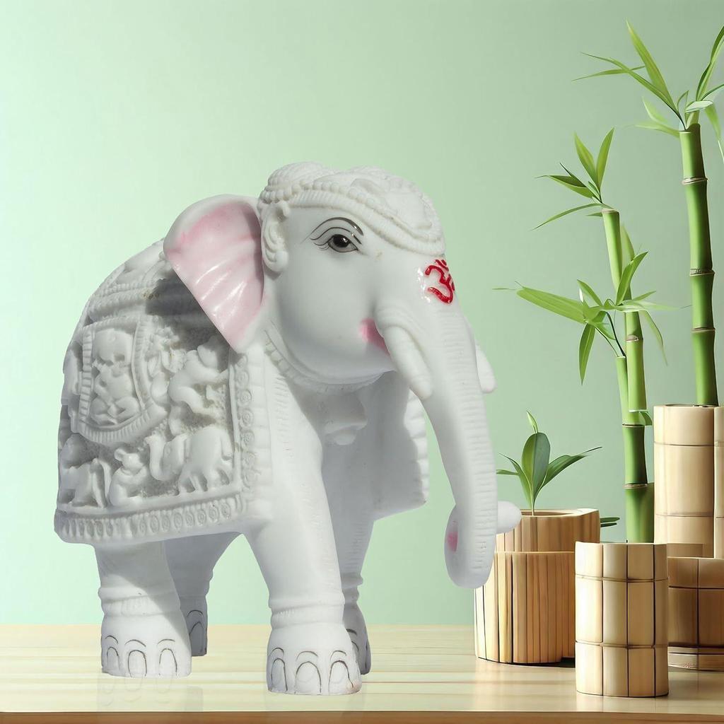White Elephant Statue Trunk Down Hathi Figurine Big Size 7 Inch Elephant Marble Resin Decorative Showpiece