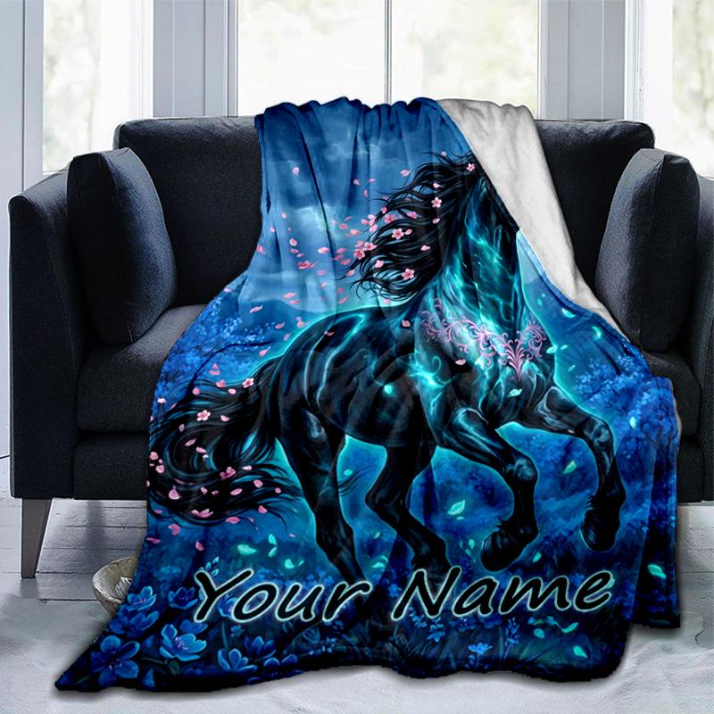 1PC Custom Name Ethereal Horse Blossom Night blanket versatile,all-season throw suitable for the living room,bedroom,camping,travel,and gift