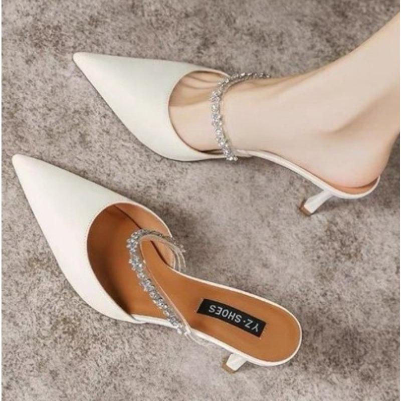 Мода Новый Стиль Женские Стильные Сексуальные Вечерние Удобные Женские Туфли Острый Носок Открытая Пятка Цепочка с Бриллиантами Тонкий Каблук Высокий Каблук Сандалии
