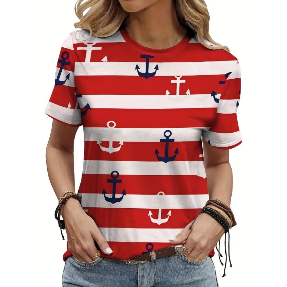 Fashion Boat Anchor Pattern Women's Clothing Summer Striped Patchwork Color Round Neck Short Sleeved Tops Loose Casual Oversize