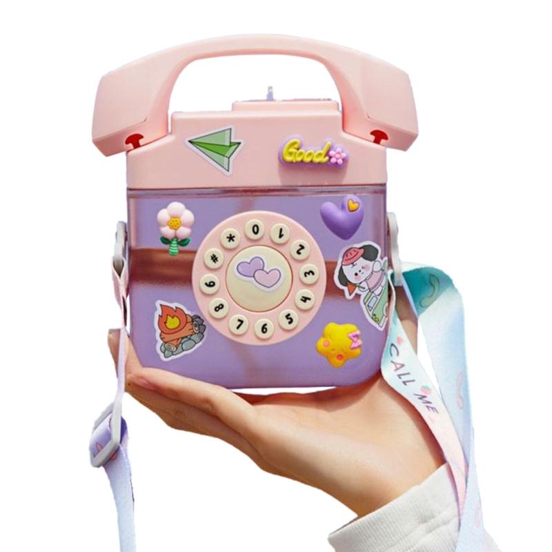 Portable Plastic Drinking Bottle Aesthetic Water Bottle Telephone Shape Water Bottle with Straw Water Bottle with Strap