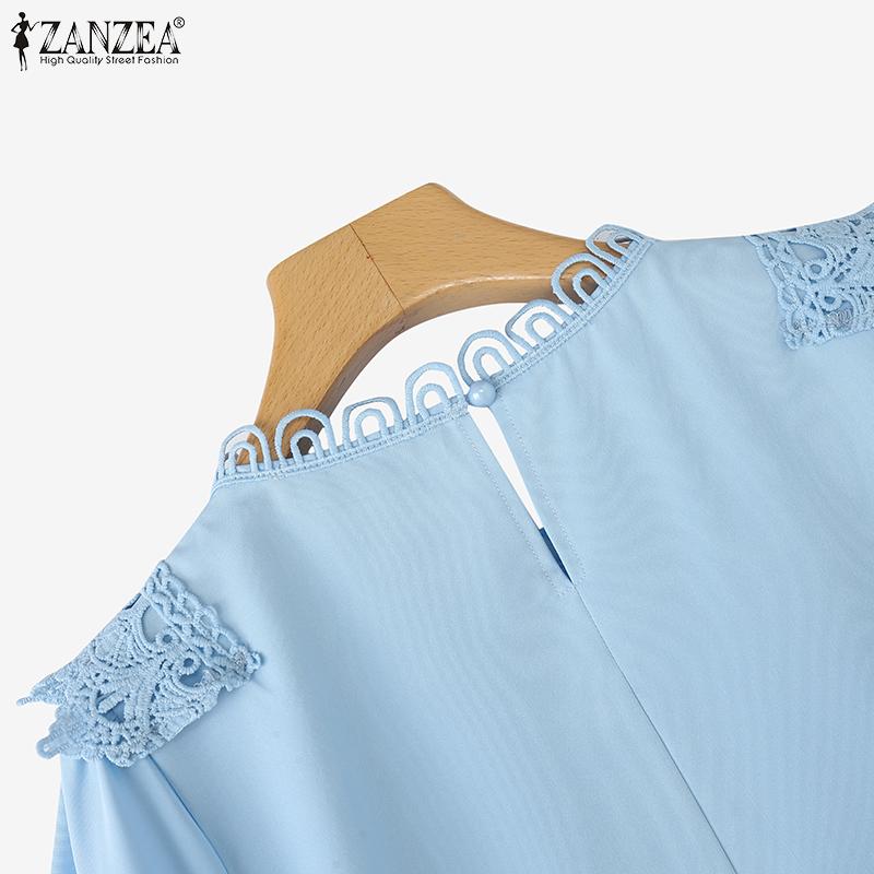 ZANZEA Женская повседневная блузка с круглым вырезом, коротким рукавом, свободного кроя, с лоскутным узором, связанным крючком