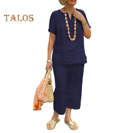 2Pcs Short Sleeve Blouse Pants Set for Women Loose Top Wide Leg Pants Sets Solid Tracksuit Outfit Summer Casual Matching Outfit for Home Office Party