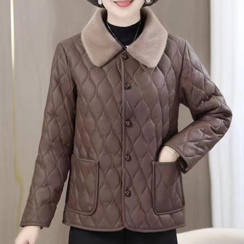 Mother's Plush Leather-Trimmed Winter Jacket: Fashionable, Thick Cotton Coat for Middle-Aged Women In Loose, Large Sizes.