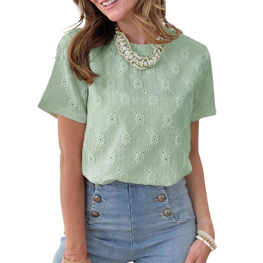 Women's Fashion Solid Color Round Neck Short Sleeved Pullover T-shirt Top