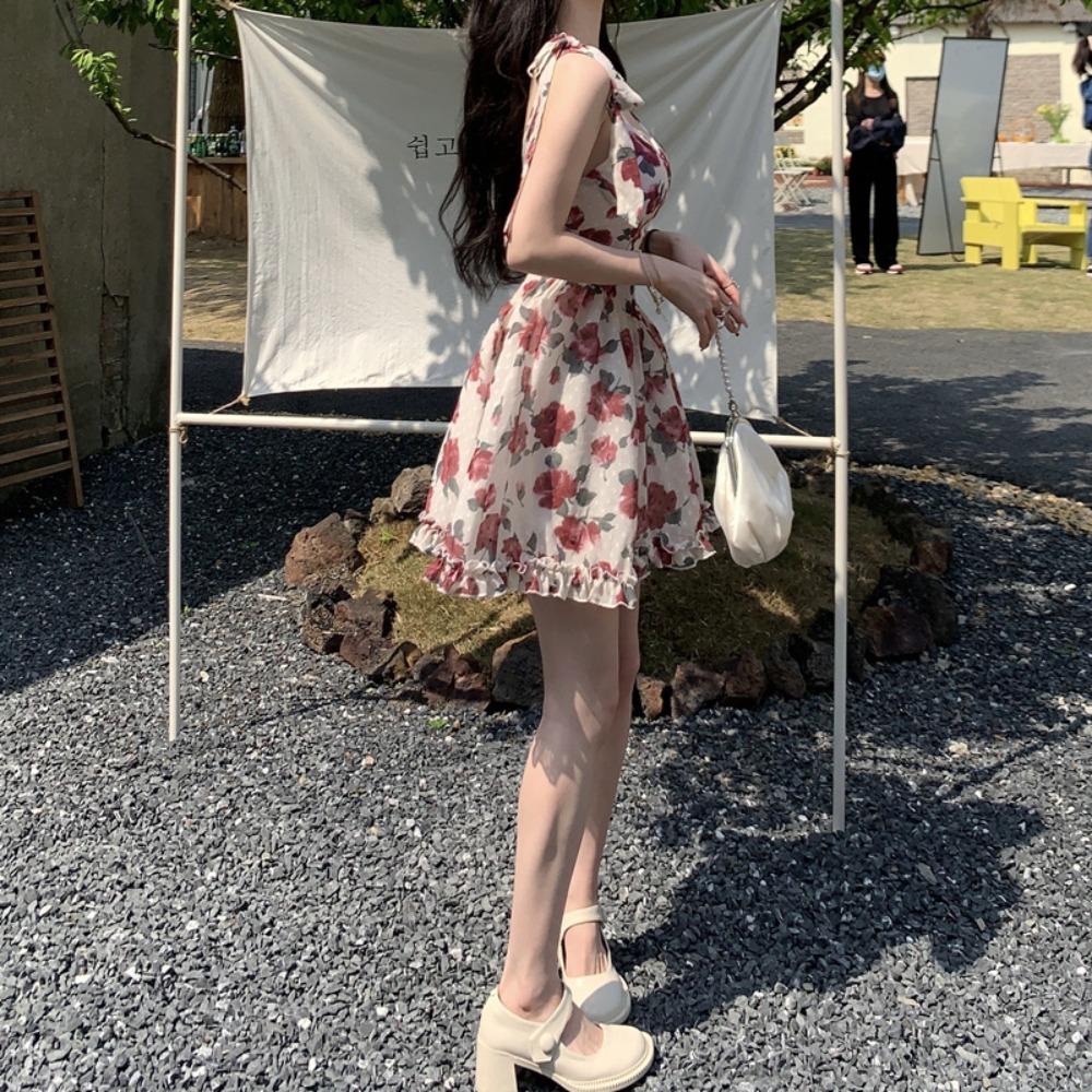 Rose Floral Dress Women Skirt Sling Strap Sundress Fashion Mini Sleeveless Dress Lolita