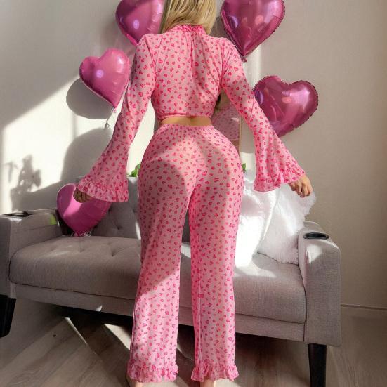Женский пижамный комплект на День святого Валентина, сексуальный, с принтом сердечек, с оборкой по низу, 2 предмета, для отдыха