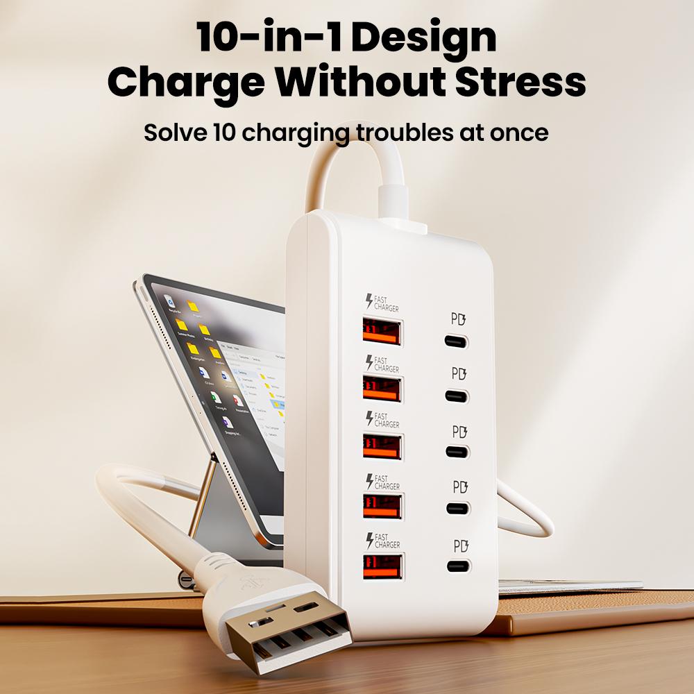 10 Ports USB Charger 5USB+5PD Power Strip Multi Port Type C Wall Charger With 1M Cable For iPhone Samsung Xiaomi QC3.0 Adapter