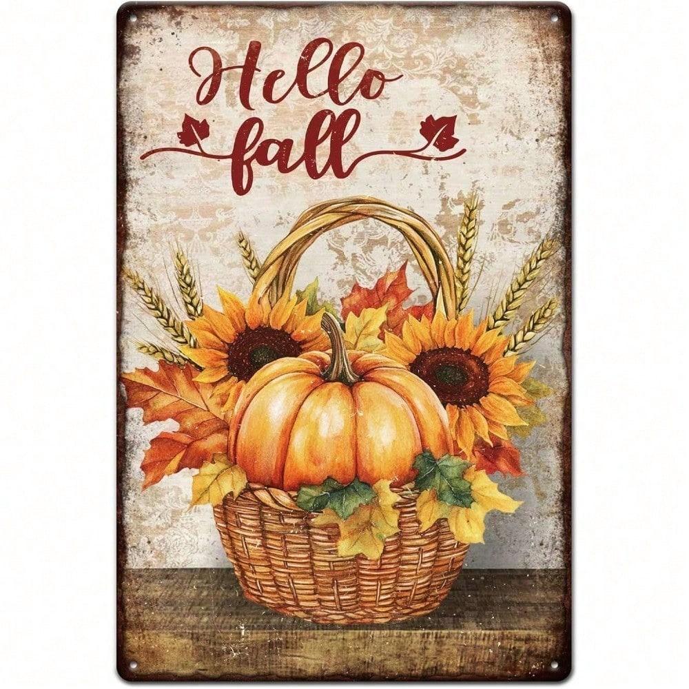 Vintage Hello Fall Pumpkin Basket Tin Sign x Inch Rustic Autumn Metal Wall Decor for Home Kitchen Farmhouse Cafe