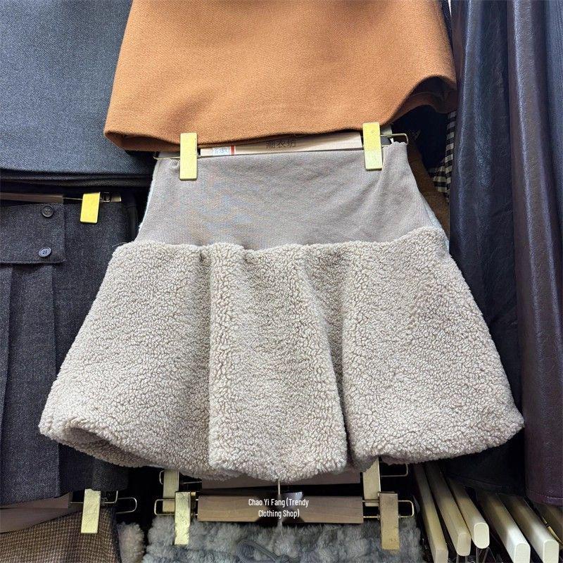 Women's Fluffy High-Waist Lambswool A-Line Skirt - Autumn/Winter French Style